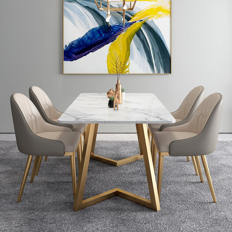 Glam Rectangle Dining Table Set 1/4/5 Pieces White Stone Top Dinette Set 5 Pieces: White Table, 4 Beige Chairs Clearhalo 'Dining Room Sets' 'Dining Tables & Seating' 'dining_room_set' 'furn' 'furn_dining_room_set' 'Furniture' 'Kitchen & Dining Furniture' 5310405