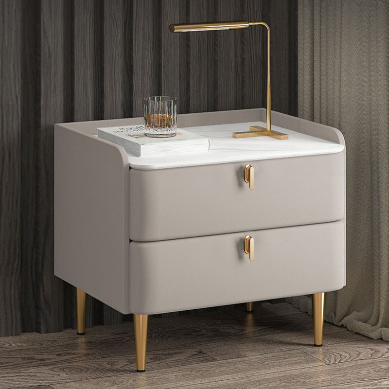 Massivholz Rahmen zwei Schubladen Ledergrau/Khaki/Beige/Blau Gold Tischbein Nachttisch