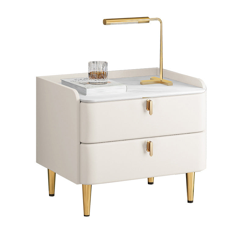 Massivholz Rahmen zwei Schubladen Ledergrau/Khaki/Beige/Blau Gold Tischbein Nachttisch