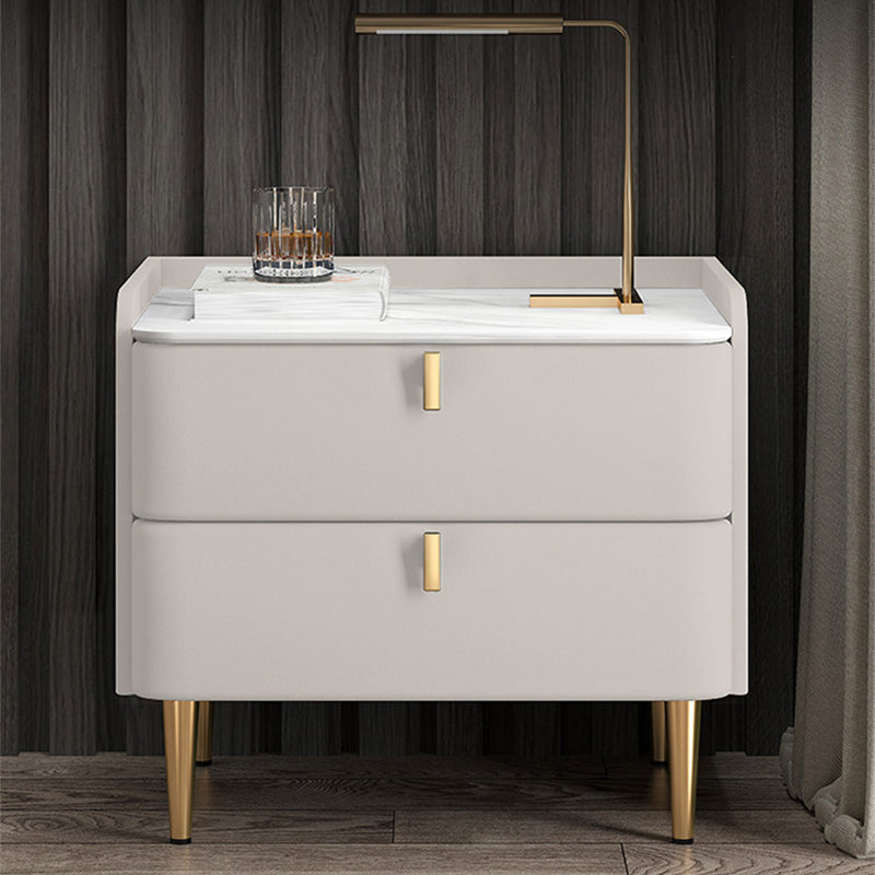 Massivholz Rahmen zwei Schubladen Ledergrau/Khaki/Beige/Blau Gold Tischbein Nachttisch