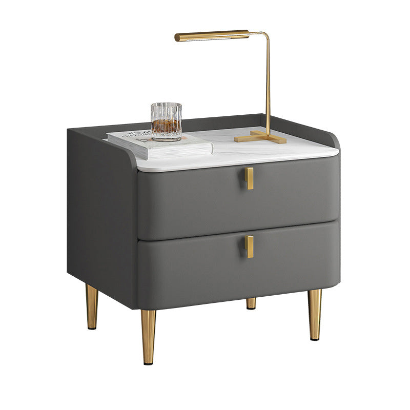 Massivholz Rahmen zwei Schubladen Ledergrau/Khaki/Beige/Blau Gold Tischbein Nachttisch