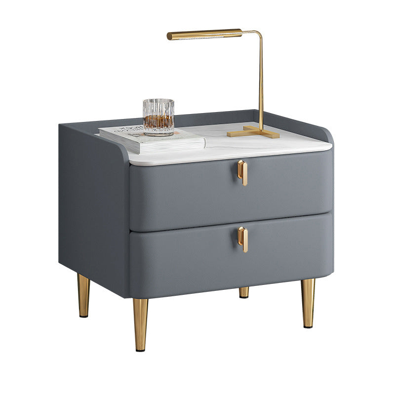 Massivholz Rahmen zwei Schubladen Ledergrau/Khaki/Beige/Blau Gold Tischbein Nachttisch