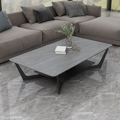 Modern Slate Cross Legs Coffee Table with Shelf Rectangular Cocktail Table in Black