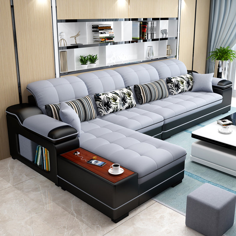 Contemporary Faux Leather and Linen Furniture Sectionals in Grey 126"L x 71"W x 39"H Faux Leather Latex Clearhalo 'furn' 'furn_sectionals' 'Furniture' 'Living Room Furniture' 'Sectionals' 5313405