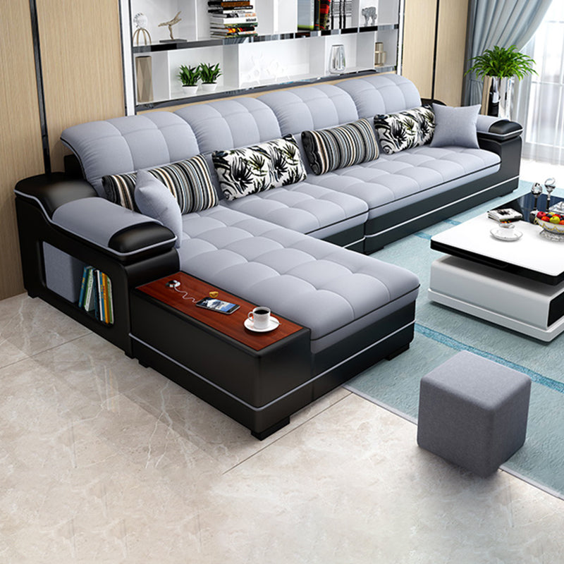 Contemporary Faux Leather and Linen Furniture Sectionals in Grey 126"L x 71"W x 39"H Linen Latex Clearhalo 'furn' 'furn_sectionals' 'Furniture' 'Living Room Furniture' 'Sectionals' 5313406