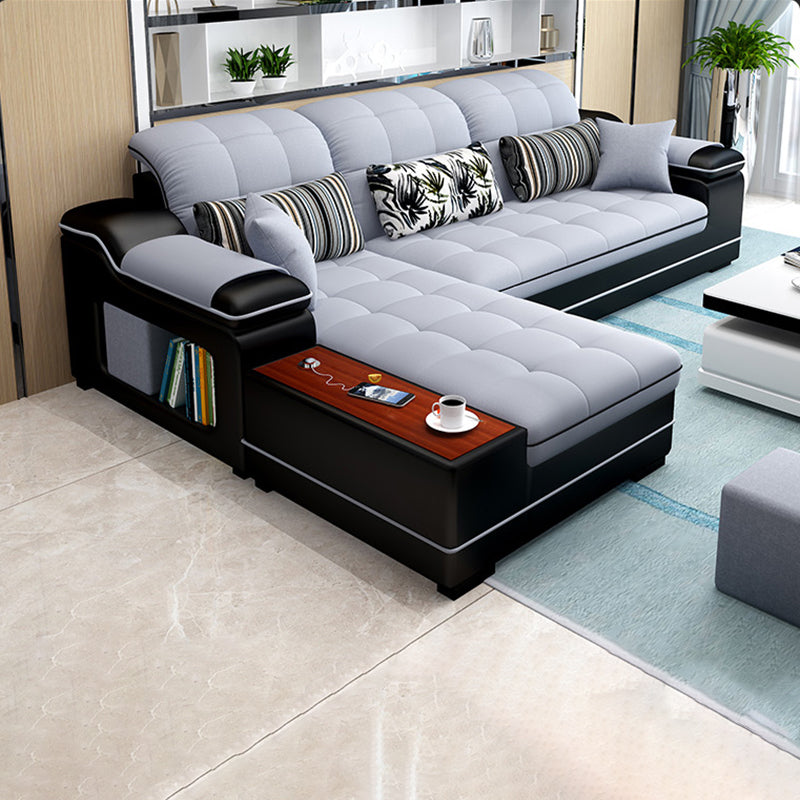 Contemporary Faux Leather and Linen Furniture Sectionals in Grey 100"L x 71"W x 39"H Faux Leather Clearhalo 'furn' 'furn_sectionals' 'Furniture' 'Living Room Furniture' 'Sectionals' 5313407