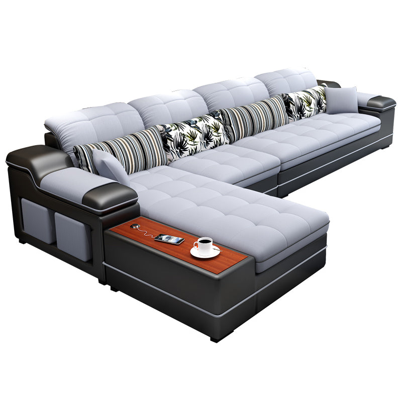 Contemporary Faux Leather and Linen Furniture Sectionals in Grey 126"L x 71"W x 39"H Sponge Clearhalo 'furn' 'furn_sectionals' 'Furniture' 'Living Room Furniture' 'Sectionals' 5313413