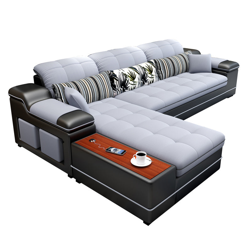 Contemporary Faux Leather and Linen Furniture Sectionals in Grey 100"L x 71"W x 39"H Linen Clearhalo 'furn' 'furn_sectionals' 'Furniture' 'Living Room Furniture' 'Sectionals' 5313414