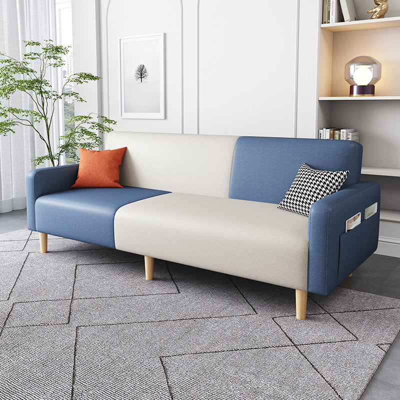 Contemporary Square Arm Sofa Couch Faux Leather/Linen Settee Couch Blue-White Faux Leather Clearhalo 'furn' 'furn_sofas' 'Furniture' 'Living Room Furniture' 'Sofa' 'sofas' 5313607