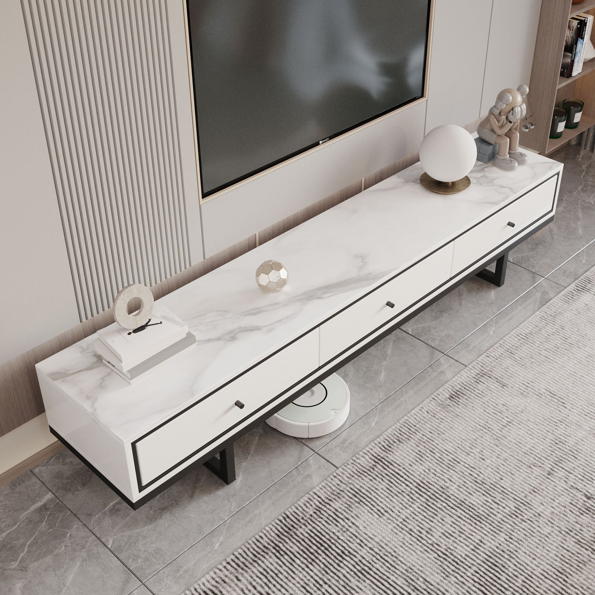 Modern Style Stone TV Stand White Colour Enclosed Storage TV Stand Console with 3 Drawers Clearhalo 'furn' 'furn_tv_stands_entertainment_centers' 'Furniture' 'Living Room Furniture' 'TV Stands & Entertainment Centers' 'TV Stands & Media Storage Furniture' 'tv_stands_entertainment_centers' 5322269