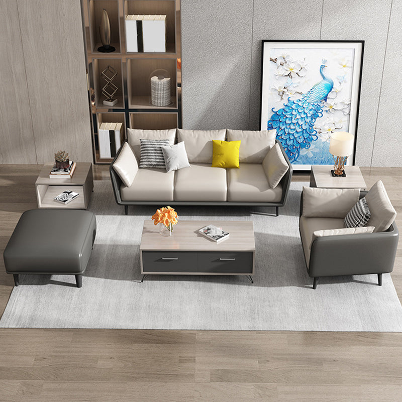 ステイン耐性標準のフェイクレザースクエアアームセッテソファ枕付き