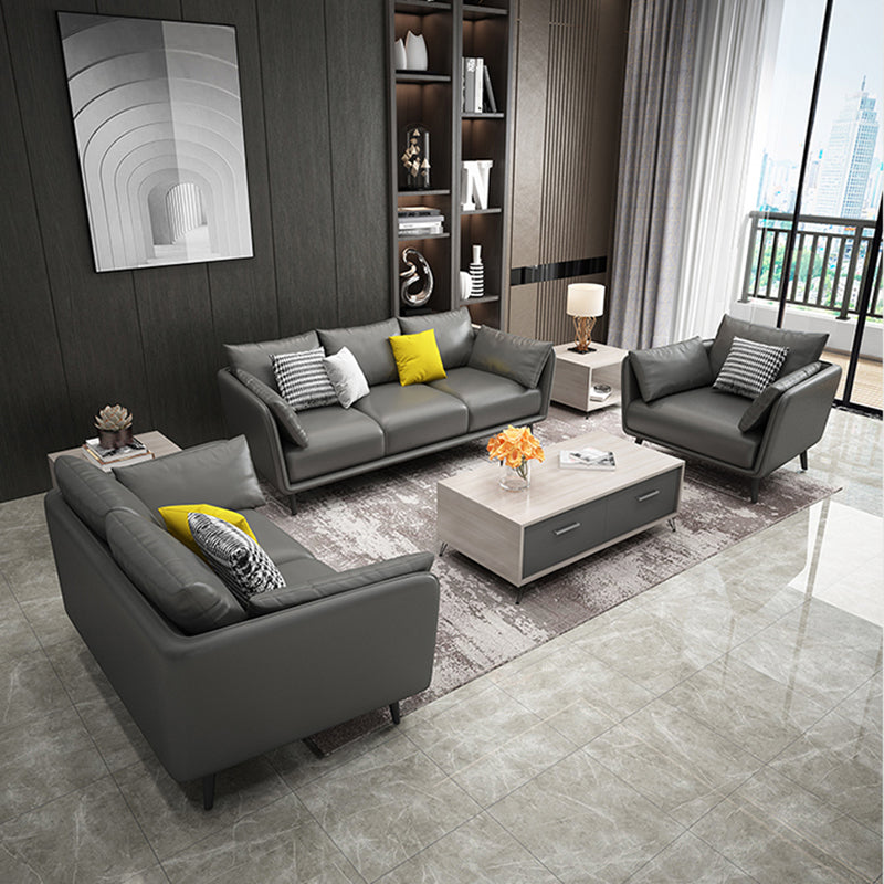 ステイン耐性標準のフェイクレザースクエアアームセッテソファ枕付き