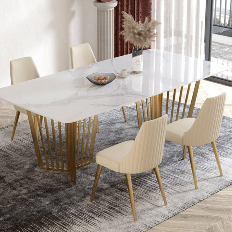 豪華な焼結石トップホワイトテーブル長方形のダイニングテーブルと金の二重の台座