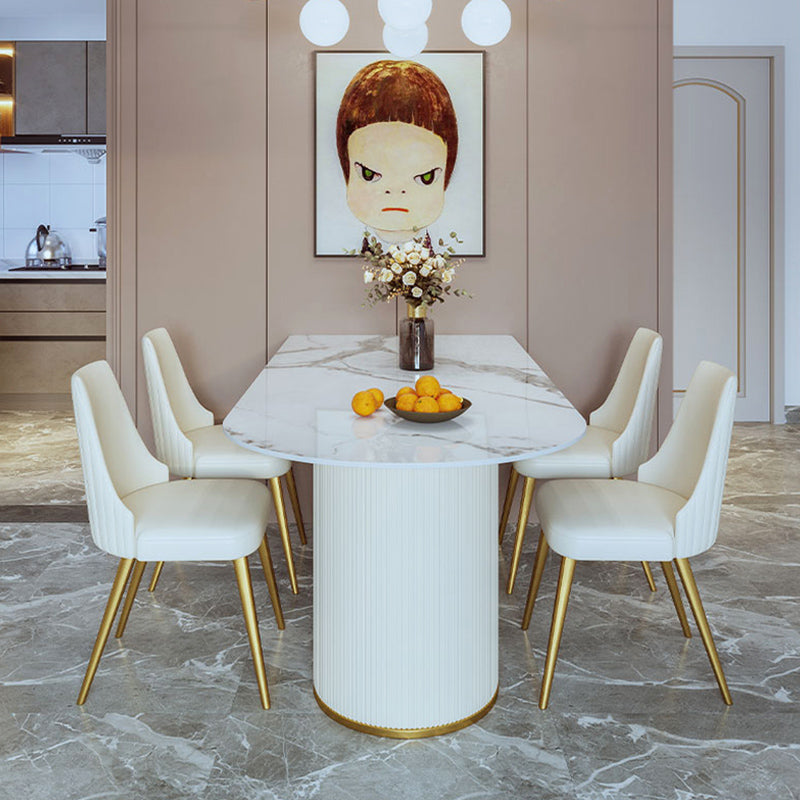 フリーフォームホワイトダイニングテーブル焼結ストーンテーブル二重台座の贅沢