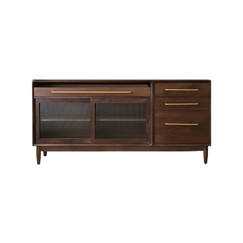 Glam Solid Wood Sideboard Glass Doors Dining Server for Kitchen 71"L x 16"W x 33"H Walnut Clearhalo 'buffet_sideboard' 'Buffets & Sideboards' 'furn' 'furn_buffet_sideboard' 'Furniture' 'Kitchen & Dining Furniture' 5335467