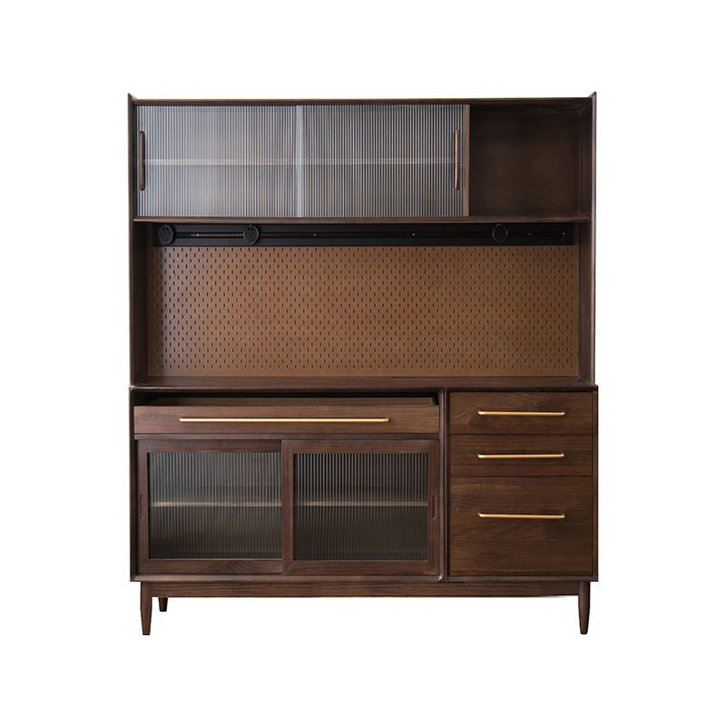 Glam Solid Wood Sideboard Glass Doors Dining Server for Kitchen 59"L x 16"W x 72"H Walnut Clearhalo 'buffet_sideboard' 'Buffets & Sideboards' 'furn' 'furn_buffet_sideboard' 'Furniture' 'Kitchen & Dining Furniture' 5335470