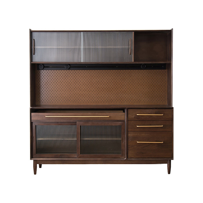 Glam Solid Wood Sideboard Glass Doors Dining Server for Kitchen 71"L x 16"W x 72"H Walnut Clearhalo 'buffet_sideboard' 'Buffets & Sideboards' 'furn' 'furn_buffet_sideboard' 'Furniture' 'Kitchen & Dining Furniture' 5335472