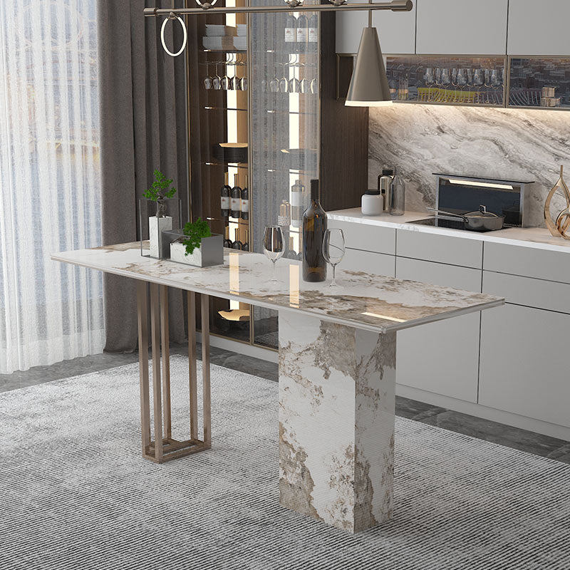 White Stone Top Bar Table Traditional Luxury Bar Dining Table with Sled Base 70.9"L x 15.7"W x 39.4"H Gold Without Chairs Clearhalo 'Bar Furniture' 'Bar Tables' 'bar_tables' 'furn' 'furn_bar_tables' 'Furniture' 'Kitchen & Dining Furniture' 5337967