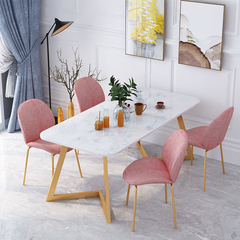 Nordic 1/5 Pieces Dining Set Rectangle Stone Dining Table for Dining Room Kitchen 5 Pieces: White Table, 4 Light Pink Chairs Clearhalo 'Dining Room Sets' 'Dining Tables & Seating' 'dining_room_set' 'furn' 'furn_dining_room_set' 'Furniture' 'Kitchen & Dining Furniture' 5338850