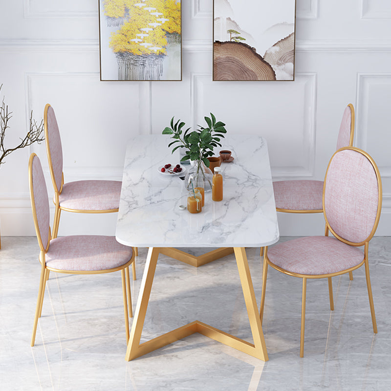 Nordic 1/5 Pieces Dining Set Rectangle Stone Dining Table for Dining Room Kitchen 5 Pieces: White-Grey Table, 4 Pink Chairs Clearhalo 'Dining Room Sets' 'Dining Tables & Seating' 'dining_room_set' 'furn' 'furn_dining_room_set' 'Furniture' 'Kitchen & Dining Furniture' 5338852
