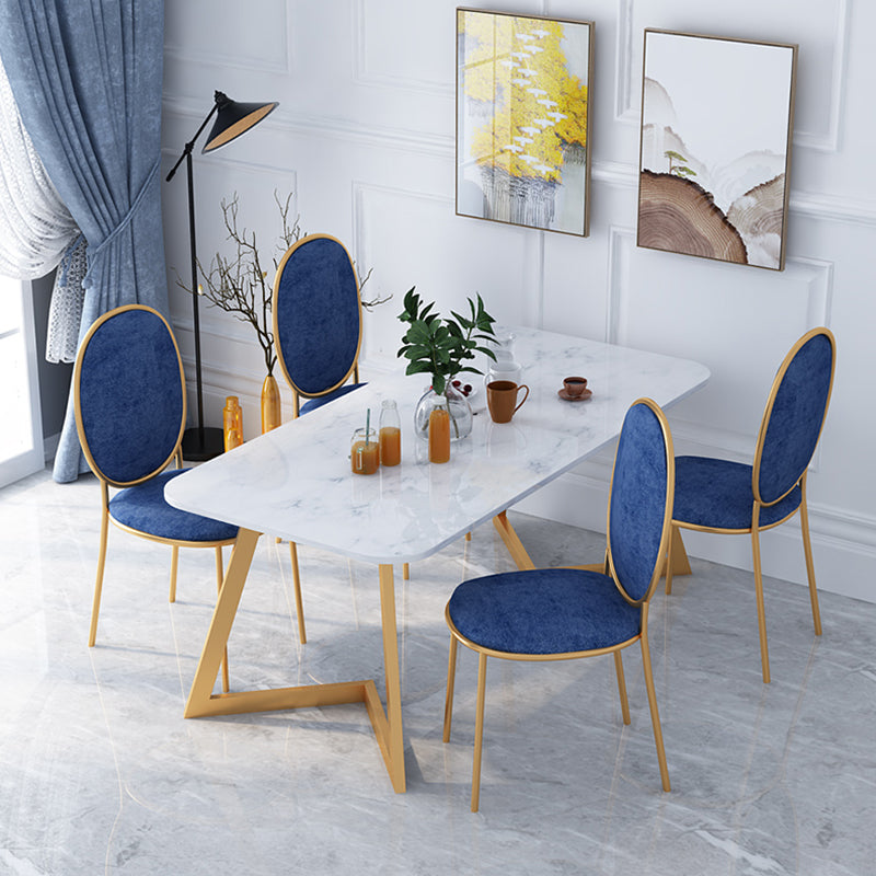 Nordic 1/5 Pieces Dining Set Rectangle Stone Dining Table for Dining Room Kitchen 5 Pieces: White Table, 4 Blue Chairs Clearhalo 'Dining Room Sets' 'Dining Tables & Seating' 'dining_room_set' 'furn' 'furn_dining_room_set' 'Furniture' 'Kitchen & Dining Furniture' 5338855