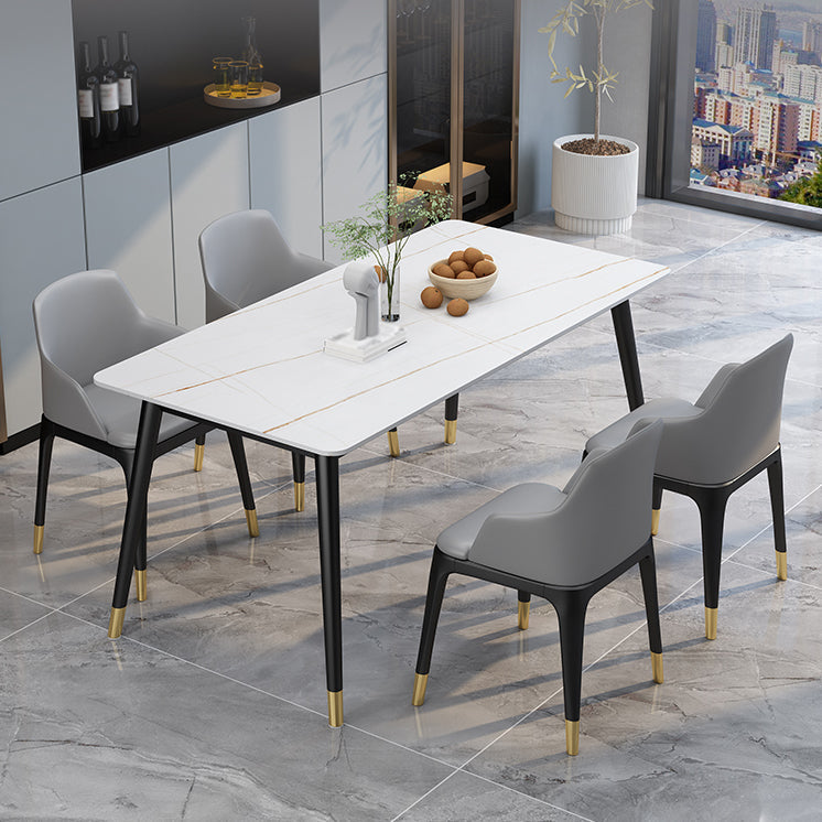 Nordic 1/4/5/7 Pieces Dining Set Rectangle Stone Dining Table for Dining Room 5 Pieces: White Table, 4 Grey Chairs Clearhalo 'Dining Room Sets' 'Dining Tables & Seating' 'dining_room_set' 'furn' 'furn_dining_room_set' 'Furniture' 'Kitchen & Dining Furniture' 5338926