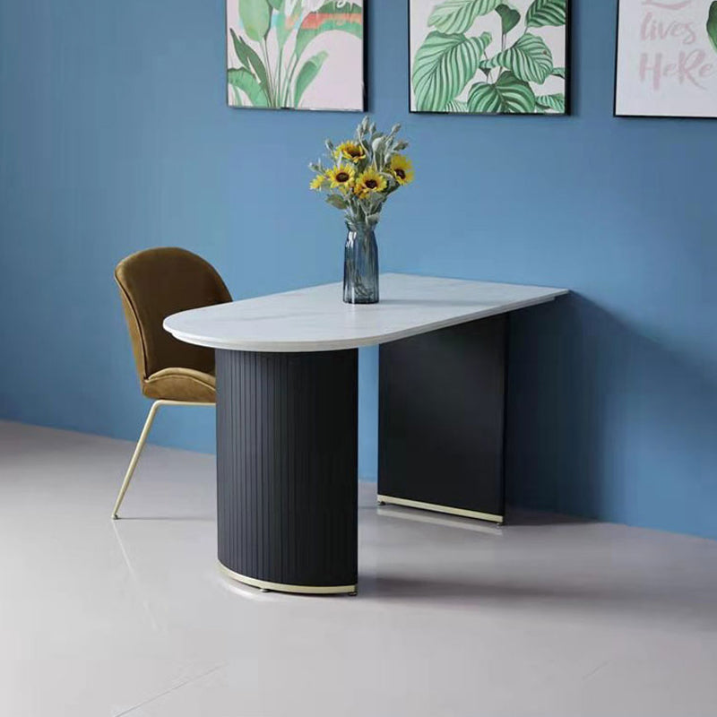 Freeform Double Pedestal Dining Table Luxury Fixed Table of Faux Marble 63"L x 31.5"W x 29.5"H Without Chairs Clearhalo 'Dining Tables & Seating' 'Dining Tables' 'dining_table' 'furn' 'furn_dining_table' 'Furniture' 'Kitchen & Dining Furniture' 5339379