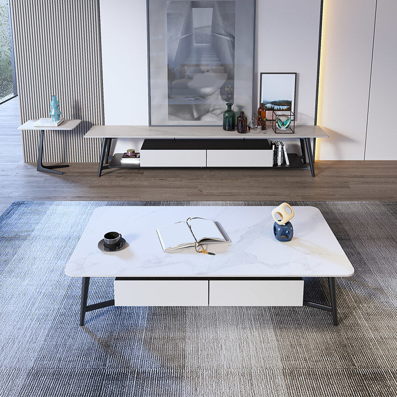 モダンスタイルのロックスレートトップホワイトゴールド/ホワイト/ブラックゴールドメタルレッグコーヒーテーブル