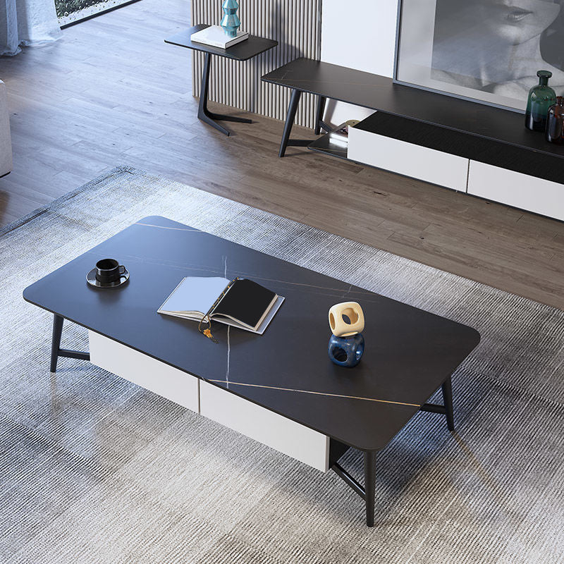 モダンスタイルのロックスレートトップホワイトゴールド/ホワイト/ブラックゴールドメタルレッグコーヒーテーブル
