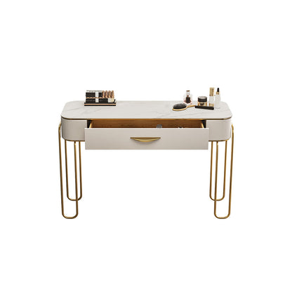 Stone and Metal with Leather Accent Vanity Table in Beige Makeup Desk