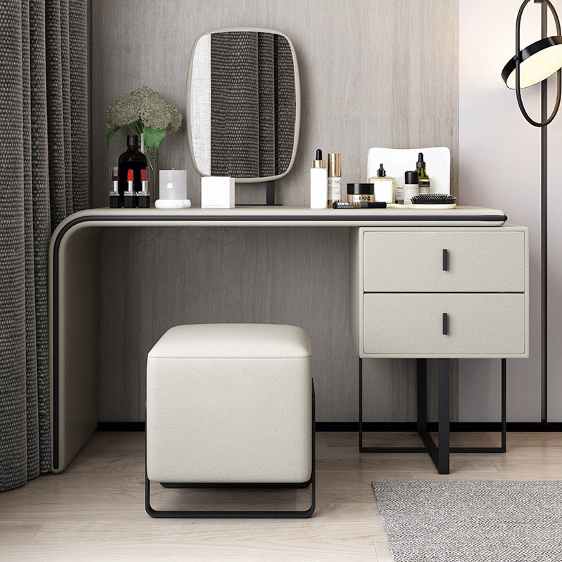 Vanity Mirrored Faux Leather Makeup Dressing Table Stool Set, 28.74" Makeup Vanity & Mirror & Stools Beige Clearhalo 'Bedroom Furniture' 'furn' 'furn_makeup_vanities' 'Furniture' 'Makeup Vanities' 'makeup_vanities' 5340866