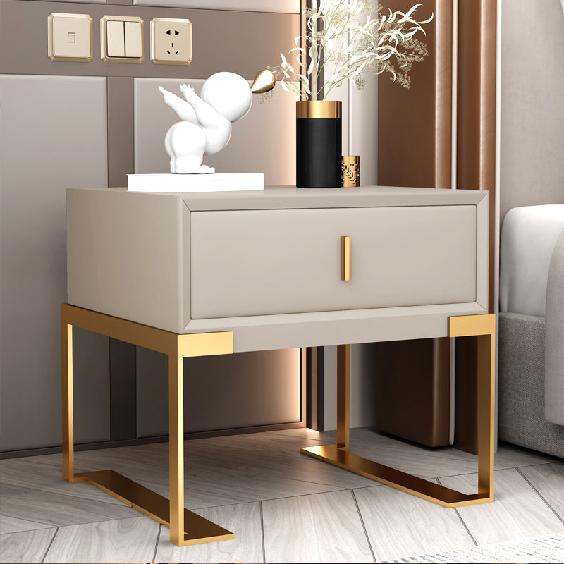 Leather Sled Nightstand 20" Tall Leather Night Table with 1 Drawer Gold Beige Clearhalo 'Bedroom Furniture' 'furn' 'furn_night_stand' 'Furniture' 'night_stand' 'Nightstands' 5340985