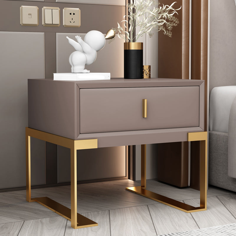 Leather Sled Nightstand 20" Tall Leather Night Table with 1 Drawer Gold Gray Clearhalo 'Bedroom Furniture' 'furn' 'furn_night_stand' 'Furniture' 'night_stand' 'Nightstands' 5340986