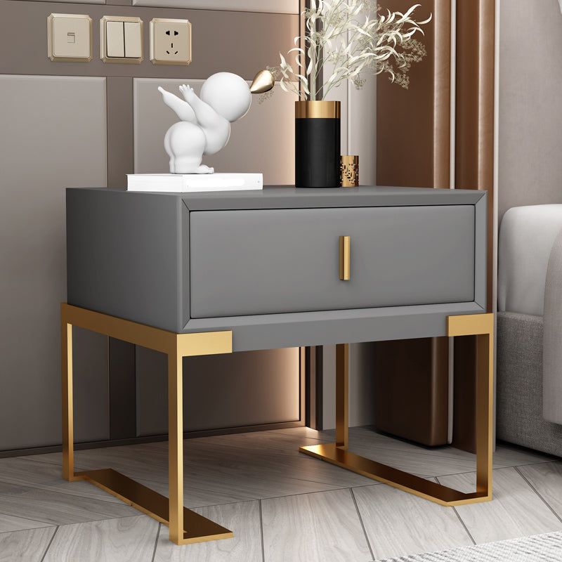 Leather Sled Nightstand 20" Tall Leather Night Table with 1 Drawer Gold Light Gray Clearhalo 'Bedroom Furniture' 'furn' 'furn_night_stand' 'Furniture' 'night_stand' 'Nightstands' 5340990