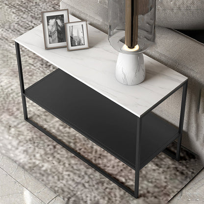 Modern Rectangular Stone End Table Sled Sofa Side Table with Shelf