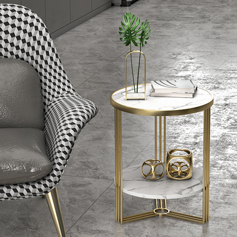 Modern Style Metal Iron Gold Base Slab/marble Top Round with Storage Rack Side Table