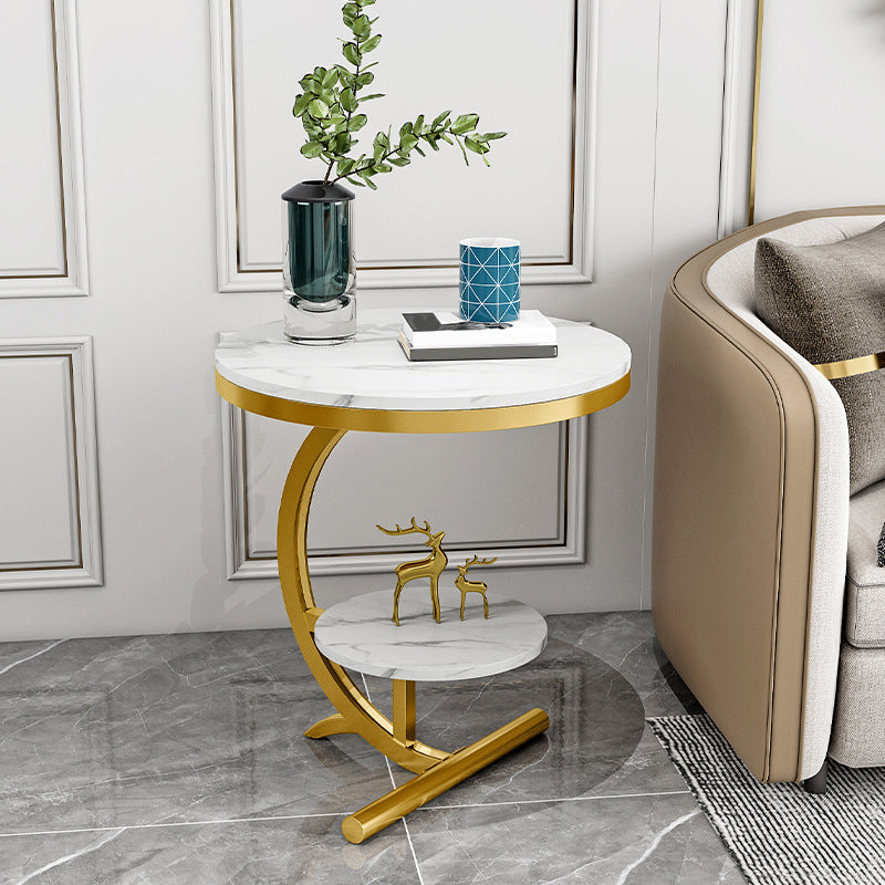 Glam Round Stone Side End Table Abstract Double Tier Sofa Side End Table Gold White Clearhalo 'Coffee & Accent Tables' 'End & Side Tables' 'end_side_tables' 'furn' 'furn_end_side_tables' 'Furniture' 'Living Room Furniture' 5341547
