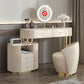Stone en metalen ijdelheid tafel in beige make -up bureau, glanzende afwerking