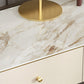 Stone en metalen ijdelheid tafel in beige make -up bureau, glanzende afwerking