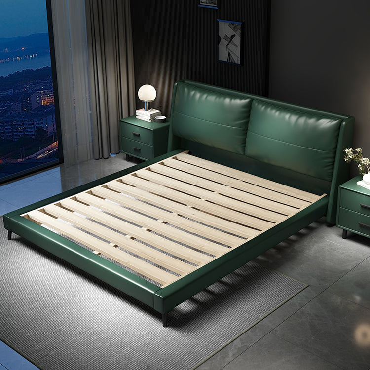 Scandinavian Wooden Panel Bed Green Genuine Leather Standard Bed Clearhalo 'Bedroom Furniture' 'Beds' 'furn' 'furn_beds' 'Furniture' 5346110