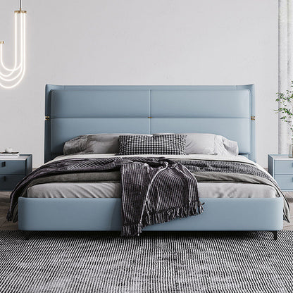 Lederen gestoffeerd rechthoekig paneelbed Standaard bedframe in blauw