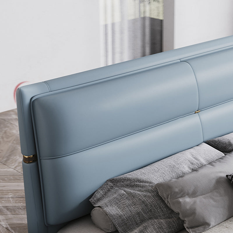Lederen gestoffeerd rechthoekig paneelbed Standaard bedframe in blauw