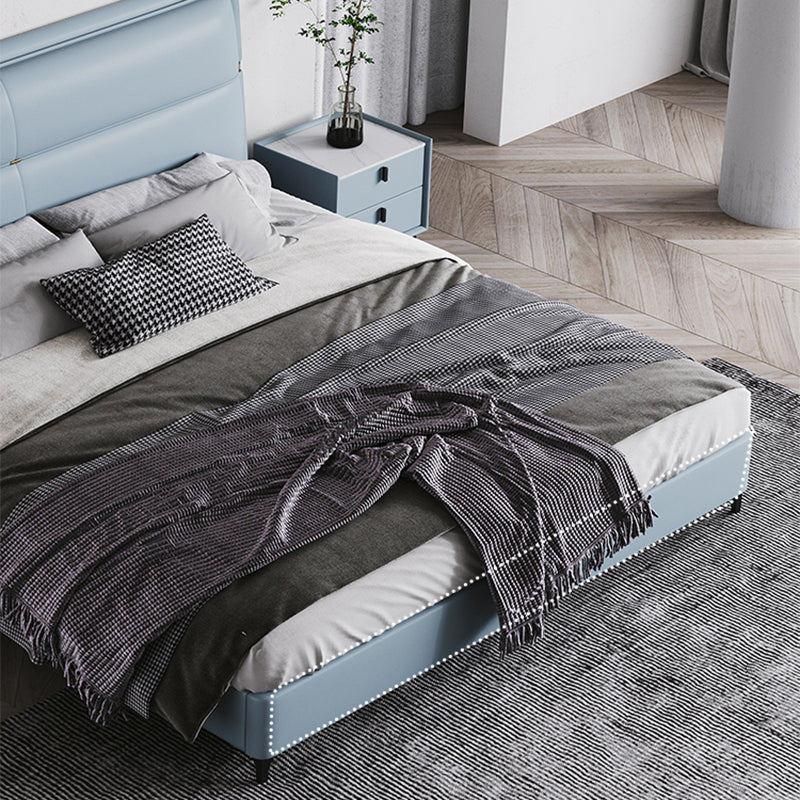 Lederen gestoffeerd rechthoekig paneelbed Standaard bedframe in blauw