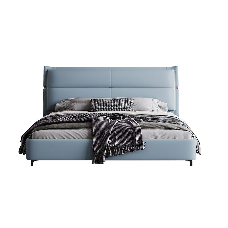 Lederen gestoffeerd rechthoekig paneelbed Standaard bedframe in blauw