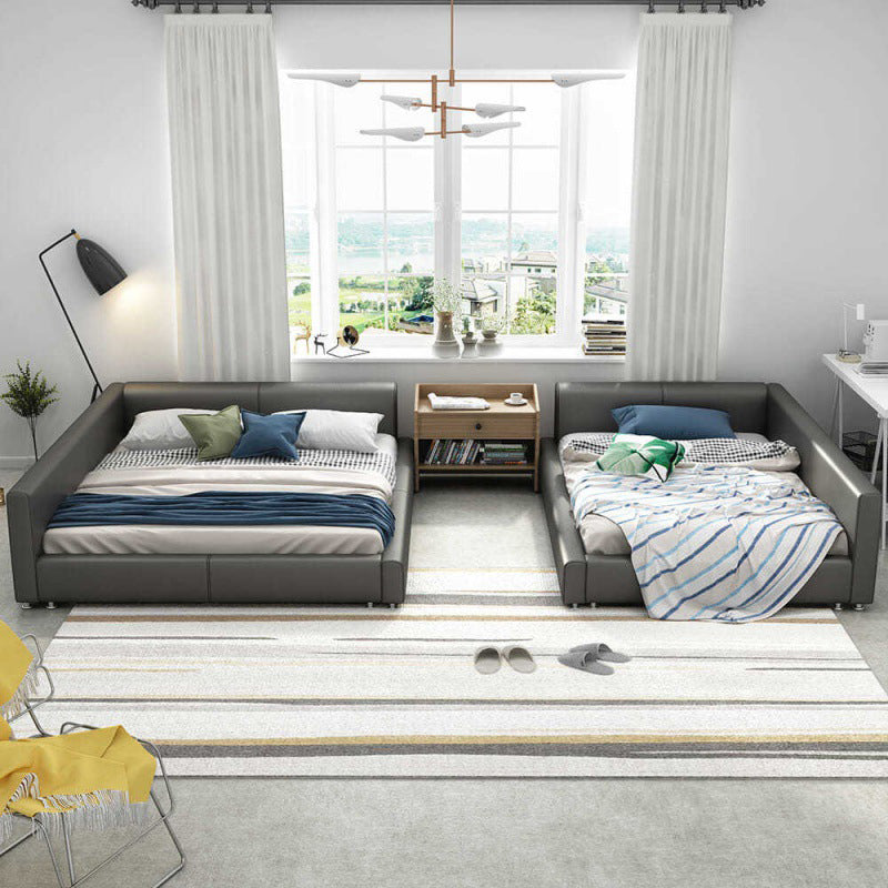 Contemporary Grey Genuine Leather and Wood Standard Bed for Bedroom