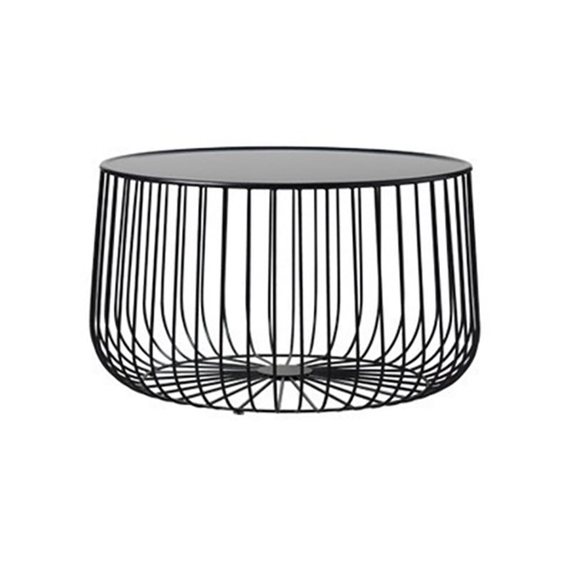Mesa de centro redonda moderna de hierro de mediados de siglo, mesa de cóctel con estructura de latón/negro y almacenamiento