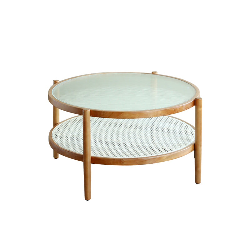 North European Wood/Glass Top Coffee Table Natural Round Cocktail Table 31.5"L x 31.5"W x 17.7"H Glass Clearhalo 'Coffee & Accent Tables' 'Coffee Tables' 'coffee_tables' 'furn' 'furn_coffee_tables' 'Furniture' 'Living Room Furniture' 5351459