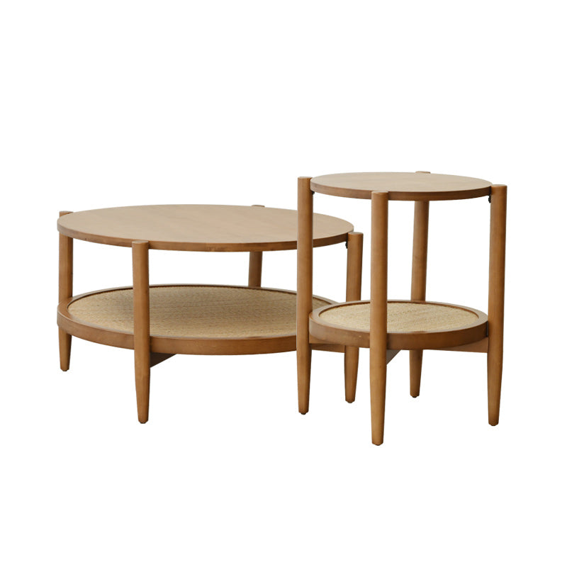 North European Wood/Glass Top Coffee Table Natural Round Cocktail Table 31.5"L x 31.5"W x 18"H + 18"L x 18"W x 23.5"H Wood Clearhalo 'Coffee & Accent Tables' 'Coffee Tables' 'coffee_tables' 'furn' 'furn_coffee_tables' 'Furniture' 'Living Room Furniture' 5351466