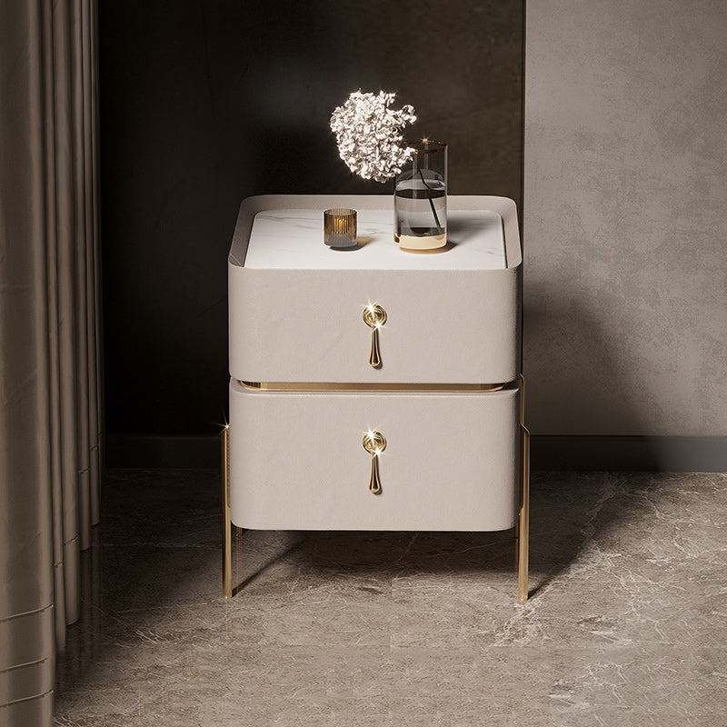 Leather Nightstand with 4 Legs Glam Night Table with Drawers 16"L x 16"W x 19"H Light Apricot Clearhalo 'Bedroom Furniture' 'furn' 'furn_night_stand' 'Furniture' 'night_stand' 'Nightstands' 5352072
