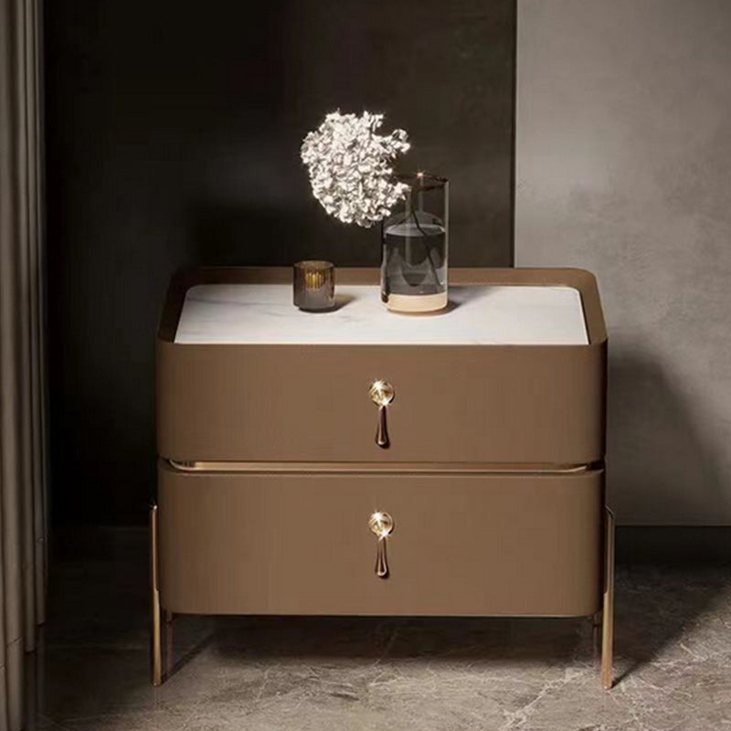Leather Nightstand with 4 Legs Glam Night Table with Drawers 14"L x 16"W x 19"H Brown Clearhalo 'Bedroom Furniture' 'furn' 'furn_night_stand' 'Furniture' 'night_stand' 'Nightstands' 5352081